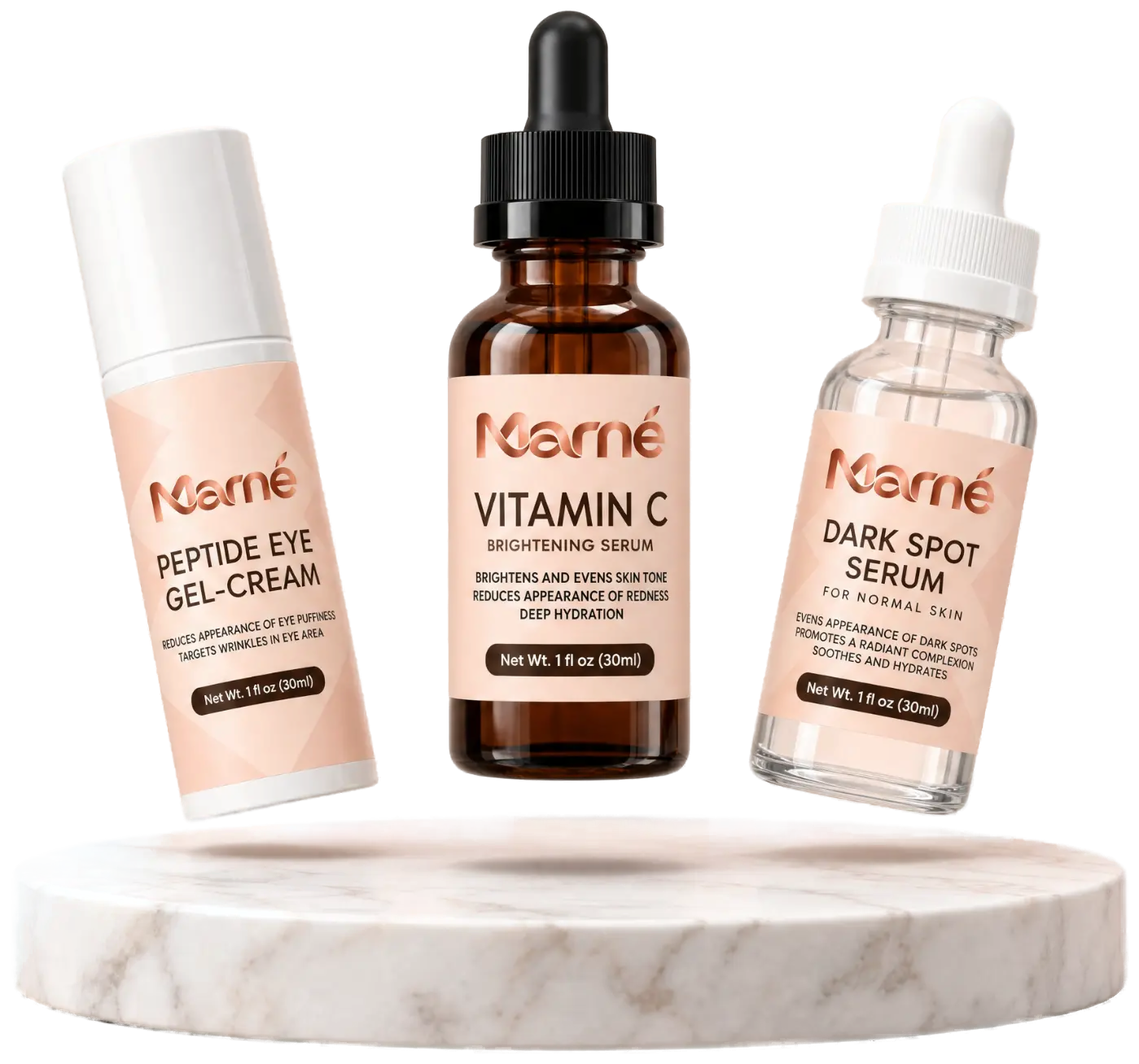 The Marné collection: Peptide Eye Gel-Cream, Vitamin C Brightening Serum and Dark Spot Serum on a marble podium