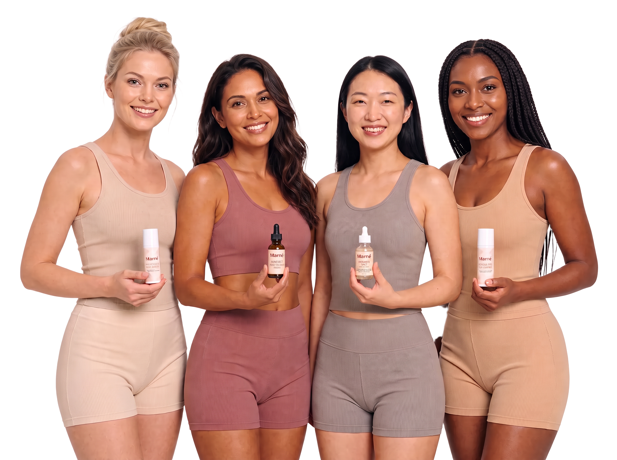Four women of different complexions holding the Marné Peptide Eye Gel-Cream, Vitamin C Brightening Serum and Dark Spot Serum